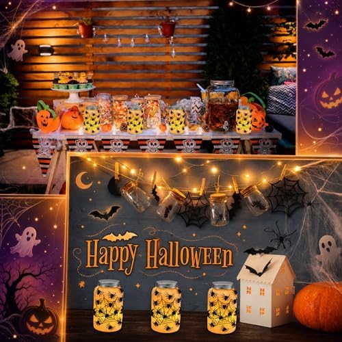 Qinyoung 12 Pcs Halloween Spiderweb Craft Spiders Mason Jars with LED Light - Image 4