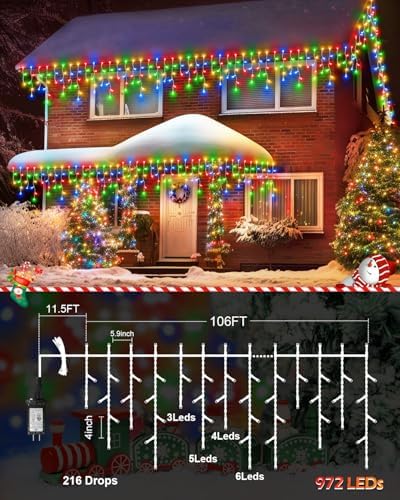 106 FT Christmas Lights Outdoor, 972 LED Waterproof Outside Christmas Lights Plug in, Connectable 8 Modes Hanging Fairy Lights with 216 Drops for House Eaves Yard Patio Decoration, Multicolor - Image 7
