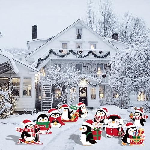 10-Piece Christmas Penguin Yard Signs with Stakes Decorations – 10 Assorted Designs 12 Inches Large Holiday Penguin Signs for Outdoor Garden and Lawn Winter Party Favor - Image 5