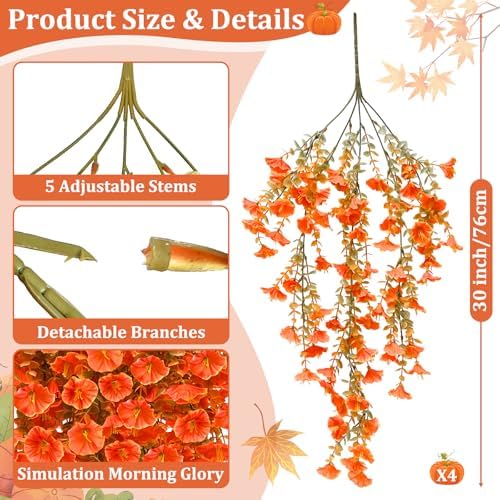 TURNMEON 4 Pcs Artificial Fall Hanging Flowers Morning Glory Eucalyptus - Image 2
