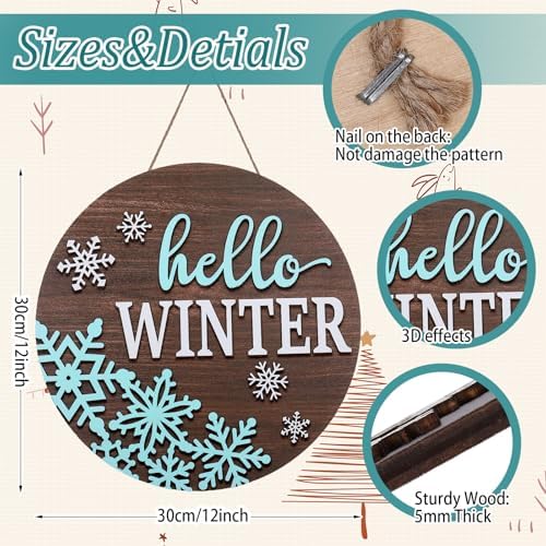 JarThenaAMCS Hello Winter Snowflake Welcome Door Sign 3D Wooden Hanging Sign White Blue Front Door Hanger for Xmas Indoor Outdoor Farmhouse Home Porch Window Decor - Image 2