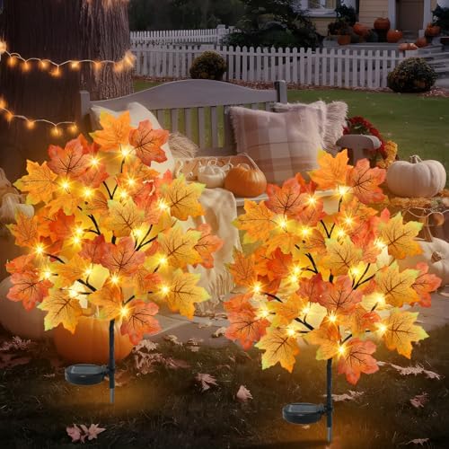TORONTOKYO 4 Pack Fall Solar Outdoor Lights, Fall Decor 80 LED Maple Leaves Solar Stake Light with 8 Modes, Waterproof Fall Garden Lights Thanksgiving Decorations for Autumn Yard Pathway Outside - Image 6