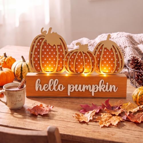 Yookeer Fall Pumpkin Table Decoration Lighted Thanksgiving Centerpiece Sign LED Autumn Tabletop Decor Hello Pumpkin Fireplace Wooden Table Sign Rustic Harvest Tabletop Decor for Indoor Home Farmhouse - Image 4