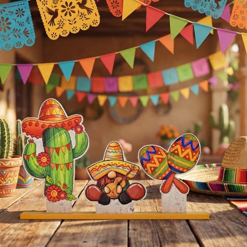 Smile Cinco De Mayo Standing Wooden Decor Set, 3-Piece Mexican Fiesta Wooden Cutouts (Cactus, Gnome, Maraca) for Tabletop & Party Display - Image 7