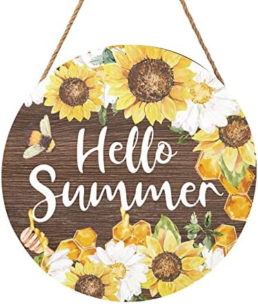 Hello Summer Sign 12 x 12 Inch Summer Themed Sunflower Welcome Sign Front Door Decor Farmhouse Porch Decoration Sunflower Round Wooden Hanging Sign for Home Garden Farmhouse Yard by welcometoourhome