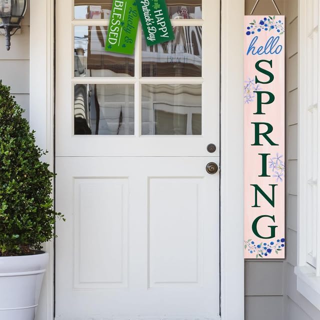 Pink Hello Spring Purple Flower Wooden Sign 8”x48” Welcome Sign and Porch Leaner Spring Decoration for Front Door Porch Yard Deck Patio Farmhouse Outdoor Indoor Vertical Decorn - Image 5