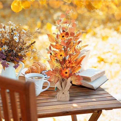 YLOLUL 2 Pcs 22 Inch Artificial Fall Tree Tabletop Decorations, Fake Berry Maple Leaf Thanksgiving Centerpieces for Table, Autumn Harvest Wedding Holiday Party Home Fireplace Mantle Decor - Image 7