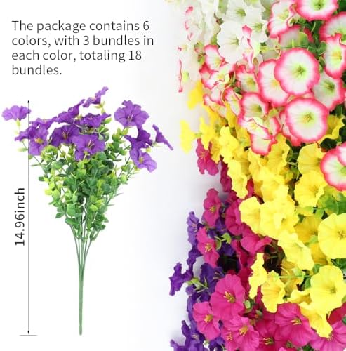 18Pcs Artificial Flowers Fake Outdoor Plants Silk Morning Glory with Eucalyptus UV Resistant Faux Flowers for Outside indoor Planter Front Door Porch Yard Patio windowsill Home Decor (Mix 6 colors) - Image 2