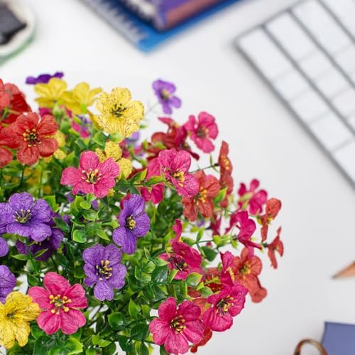 LikSoor 16 Bundles Artificial Flowers Outdoor Spring Summer Decoration Fake Silk Colorful Daisy Eucalyptus Realistic UV Resistant Outside Faux Plants for Garden Porch Window Box Home Decor(Red) - Image 4