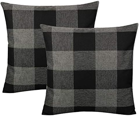 VAKADO 16x16 Set of 2 Black and Grey Farmhouse Rustic Buffalo Plaid Decorative Throw Pillow Covers Retro Check Home Decor Cushion Cases for Couch Bed Sofa, Black and Gray by VAKADO