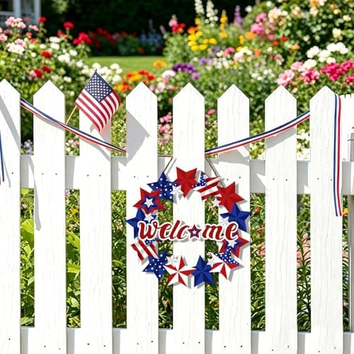 Harooni 4th of July Decorations Door Sign Patriotic Memorial Day Wreath Wooden Hanging Door Sign 11 Inch Red White and Blue Star Welcome Door Hanger Rustic Wooden Plaque for Front Door Wall Porch Yard - Image 4