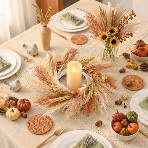 DecorbyHannah 18'' Neutral Fall Pampas Wreath with Lights for Front Door - Image 6