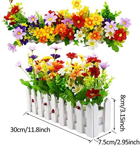 XONOR Artificial Flower Plants - Mixed Color Daisies in Picket Fence Pot for Indoor Office Wedding Home Decor, 2 Sets - Image 3