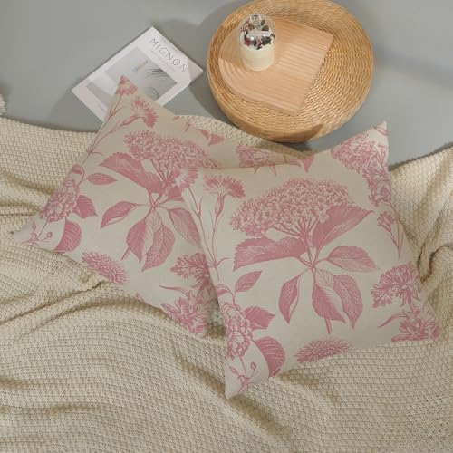 Pink Pillow Covers 22x22 Inch 2 Pcs Boho Vintage Floral Decor Throw Pillows Hydrangea Flower Seasonal Outdoor Farmhouse Neutral Accent Decoration Pillowcase Linen Cushion Cover for Sofa - Image 5