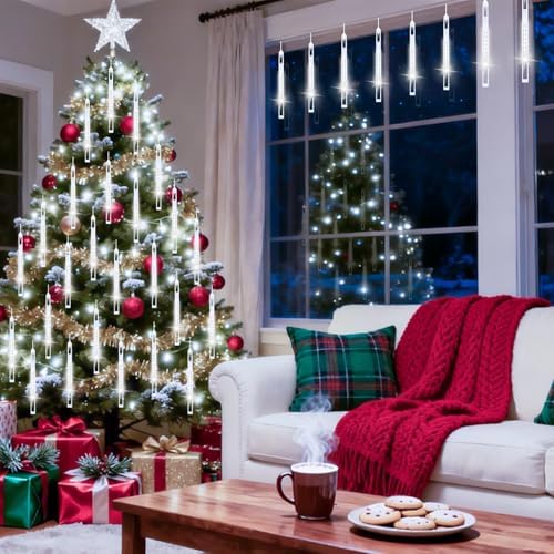 2 Pack Christmas Lights Outdoor 16 Tubes Meteor Shower Lights Cool White - Image 4