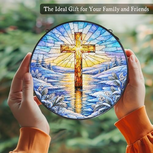 Winter Cross Stained Glass Window Hanging Suncatcher 7.8x7.8 in - Image 5
