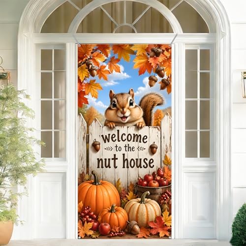 Fall Door Cover Halloween Thanksgiving Decor 35.4x70.8in, Welcome to The Nut House Squirrel Front Door Banner, Autumn Pumpkin Acorn Porch Sign for Outdoor Home Yard Decorations - Image 4