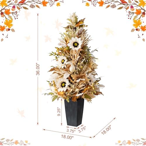 Glitzhome 36”H Fall Porch Tree, Harvest Artificial Porch Tree with Sunflower, Pinecone and Berry Porch & Black Planter, for Autumn Fall Harvest Thanksgiving Christmas Decoration - Image 3