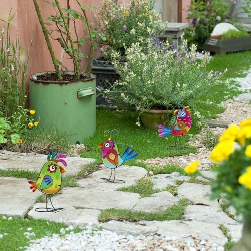 3 Pack Garden Outdoor Metal & Glass Bird Yard Art Decor, Yard Art Decoration for Porch Patio, Garden Statues Sculpture Gifts for Grandma Mom Women (Colorful) - Image 5