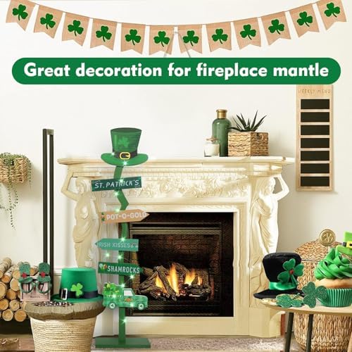 43.8" Lighted Wooden St. Patrick's Day Porch Sign Leprechaun Hat Shamrock Irish Train Standing Signs With Base For Indoor Outdoor Yard Decor - Image 6