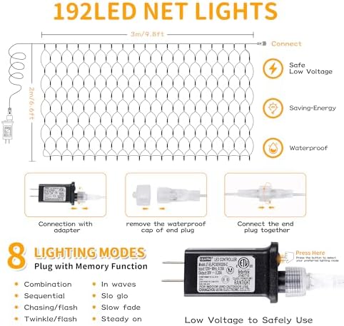 HEYFUNi 192 LED Christmas Net Lights Plug in, 9.8FT x 6.6FT Warm White - Image 3