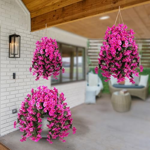 Sggvecsy Artificial Fake Hanging Flowers Plants for Outdoor Outside Spring Summer Decoration 4PCS Faux Silk UV Resistant Realistic Morning Glory Trailing Vines for Home Porch Patio Balcony(Purple red) - Image 6