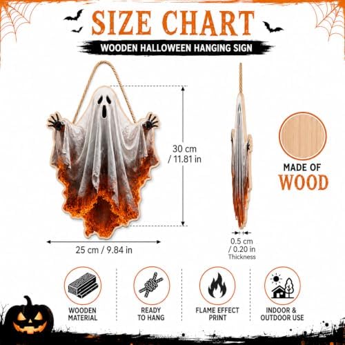 Halloween Door Sign Wooden Wreath 2D Door Hanger Fiery Burning Ghost Designs Halloween Front Wall Hanging Sign Scary Ghost Door Hanger for Home Porch Outdoor Holiday Decor - Image 4