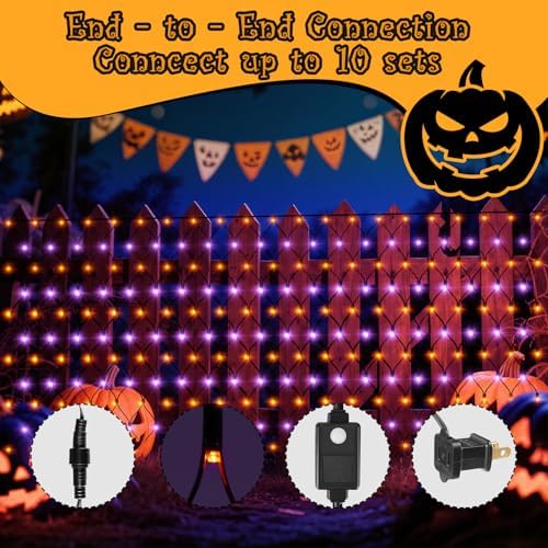 HYH Halloween Net Lights,360 LED 12FT x 5FT Halloween Decor Fairy Orange&Purple with 8 Modes String Connectable Waterproof Outdoor Lights,Hanging Light for Indoor Party Yard Garden Bushes Decorations - Image 5
