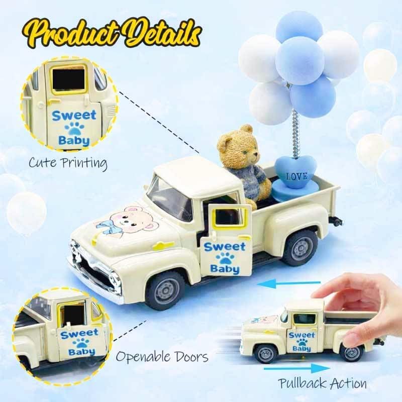 Baby Shower Decorations for Boy, 5.7 Inch Mini Vintage Metal Pickup Truck with Blue Bear and Balloons, Welcome Baby Centerpiece, Nursery Tiered Tray Decor, Gender Reveal Decor, Newborn Gift for Boy - Image 4