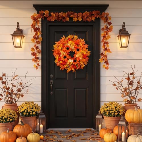 Fall Wreath & Garland with Pumpkins Sunflowers Maple Leaves Set, 26in - Image 3