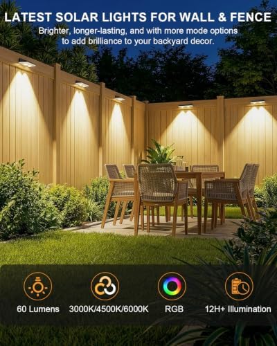 Solar Fence Lights Outdoor,3000/4500/6000K/RGB 13 Mode 8PACK Fence Lights Solar Powered High Brightness LED Lens IP65 Waterproof Solar Wall Light for Outside/Patio/Step/Backyard/Railing/Pool/Deck - Image 2