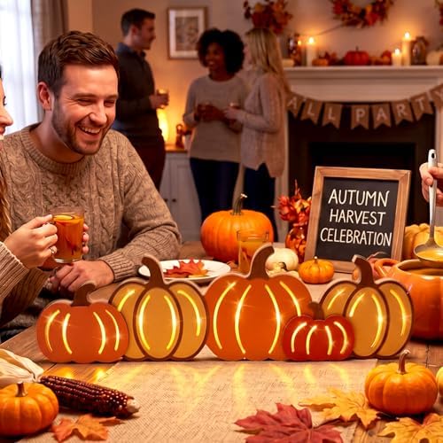 Geetery Fall Pumpkin LED Wooden Sign Rustic Wooden Word Sign for Table Home - Image 4