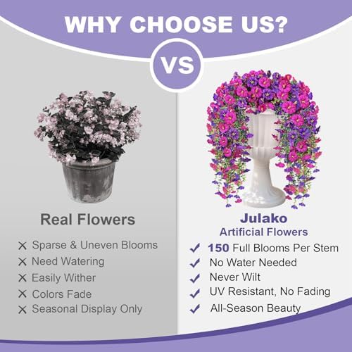 Artificial Hanging Flowers for Outdoors, 2 PCS 300 Blooms UV Resistant Morning Glory Faux Silk Vines, No-Odor Realistic Fake Plants for Garden Planter Porch Patio Decoration, Fuchsia & LightPurple - Image 4