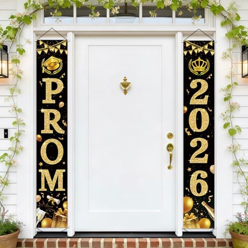 2026 Prom Decorations Banner Set of 2, 12" x 71" Black Gold Graduation Night Party Door Porch Sign Banners for School Home Yard Lawn Front Door Decor, 2026 Pom Parties Backdrop Decoration Indoor Outdoor by Yewfold