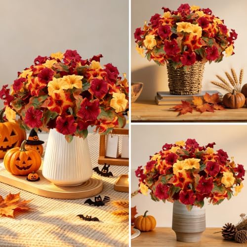 Artificial Fall Petunias for Outdoor, 4 Bundles Burgundy Yellow Gradient - Image 5
