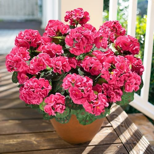 Artificial Geranium Fake Flowers for Outdoors Decoration, 6 Bundles Silk Geraniums Flower UV Resistant Look Real Faux Plants for Outside Planter Front Door Garden Patio Balcony Yard Home, Hot Pink - Image 3