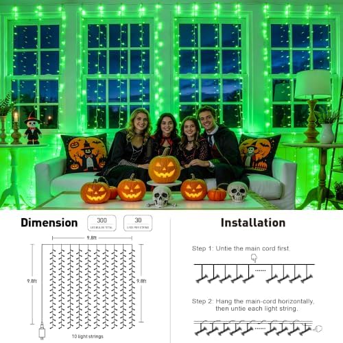 JMEXSUSS 300 LED Green Curtain Lights for Halloween Decor, 9.8x9.8ft - Image 5