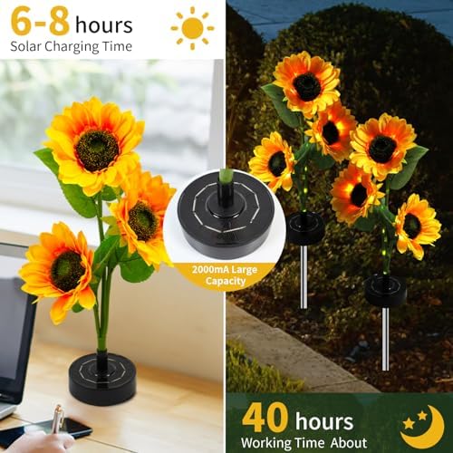 Sunflower Solar Flowers Lights - Solar Garden Lights Outdoor Waterproof, 40 Hour Solar Powered Outside Decor Decoration for Yard Patio Pathway Lawn, Birthday Gifts for Mom, 2pcs - Image 2