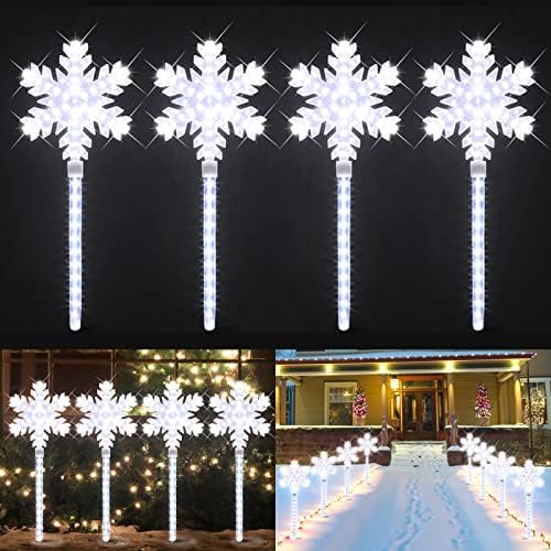 Ultra-Bright Shooting17 568LED Snowflake Lawn Stake Light 4 Stakes Total Christmas Outdoor Decoration with UL Standard Adaptor for Outdoor Pathway Lawn Holiday Party Home(White) by GLOWNOVA