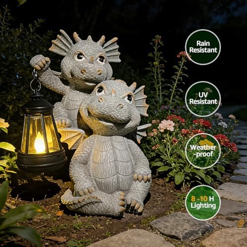 Solar Garden Outdoor Statues Lantern Figurines Light Decorations for Outdoor Patio Balcony Yard Lawn, Ideal Gifts for Mom Friends (Cement Gray- Dragon) - Image 2