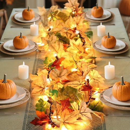Fall Decorations Lighted Fall Garland, 9FT 50 Count Incandescent Lights Brown Wire UL Certified Connectable Maple Leaves String Lights for Home Fireplace Mantle Thanksgiving Decor - Image 4