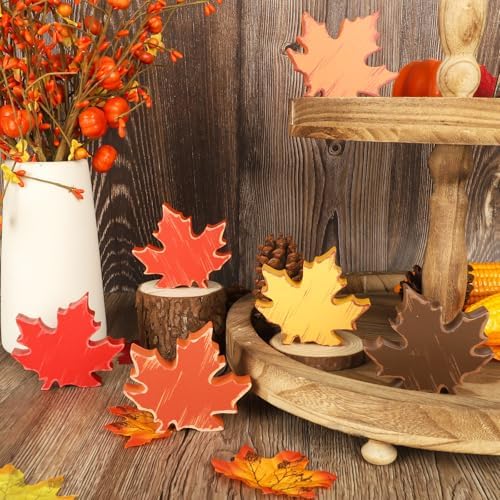 COCHIE Wooden Fall Leaves Decorations for Home Office Indoor, Farmhouse Thanksgiving Table Tiered Tray Decor Set of 6, Vintage Fall Harvest Maple Leaf Block Signs Tabletop Shelf Decoration (Retro) - Image 4