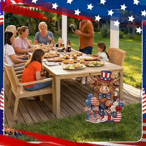 Amyhill 4th of July Highland Cow Metal Garden Stakes Patriotic American Flag Red White Blue Outdoor Yard Decorations with Stakes Independence Day Decor Sign for Home Lawn Porch Backyard Holiday Decor - Image 5