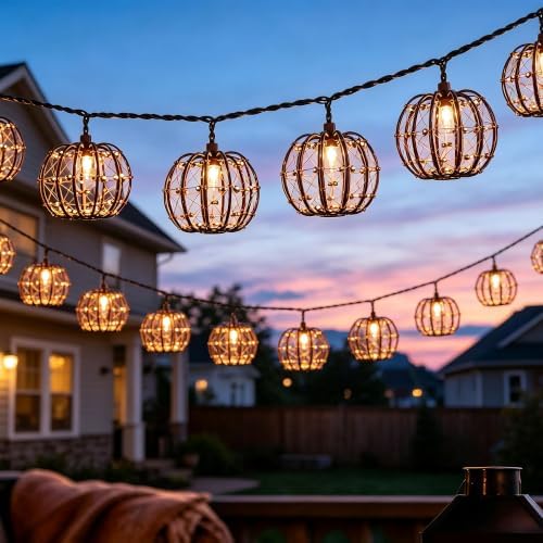 Decorative String Lights, 8.5ft with 10 Gold Beaded Copper Wire Pumpkin Metal Lanterns, UL Certified Connectable Fairy Flower String Lights for Indoor Outdoor Porch Garden Patio Wedding Decor (2) by ALLFORTUNE