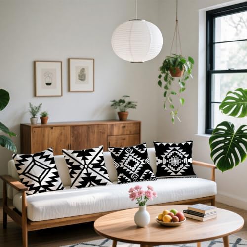 Outdoor Pillow Covers 18x18 Set of 4 Morden Black Geometric Patterns Waterproof Throw Outdoor Pillows Boho Decorations for Funiture Patio Garden Home - Image 5