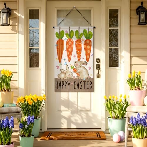 Tegeme 3 Pcs Happy Easter Door Sign Flag Welcome Easter Door Banner Bunny Wall Hanging Ornaments Flag for Party Holiday Outdoor Indoor Home Decoration - Image 3