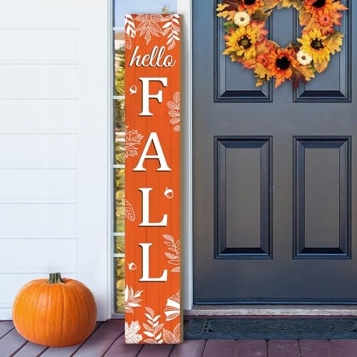 Hello Fall Porch Sign Autumn Leaves Wooden Welcome Sign Vertical Fall Hanging Signs For Standing Front Porch Decor Rustic Wall Decor Home Farmhouse Yard Door Fall Decorations 47.2"H - Image 2