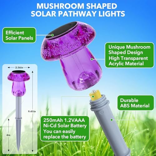 Solar Lights Outdoor, 16 Pack Mushroom Lights Outside Waterproof, Solar Powered LED Lighting for Garden, Yard, Landscape, Path, Pathway, Lawn, Walkway, Driveway, Backyard Halloween Decor (Purple) - Image 2