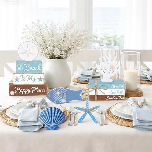 Vercraft 11 Pcs Sea Table Decorations Set Ocean Coastal Tiered Tray Decor Summer Wood Block Sign Gift The Beach Is My Happy Place Starfish Seashell Coastal Centerpiece Summer Party Supplies Shelf - Image 3