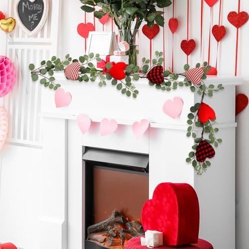 Zeyune 6ft Valentine's Day Decor Heart Long Garland for Mantel Artificial Eucalyptus Leaves and Fabric Hearts for Valentine Front Door Kitchen Fireplace Home Indoor Outdoor - Image 5